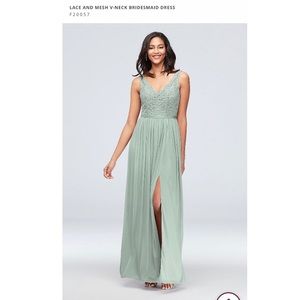 Dusty Sage Bridesmaid Dress - Lace and Mesh V Neck